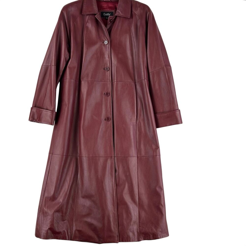 Excelled Collection WMNS Leather Trench Coat Red Retro Maxi Longline 80’s SZ L
